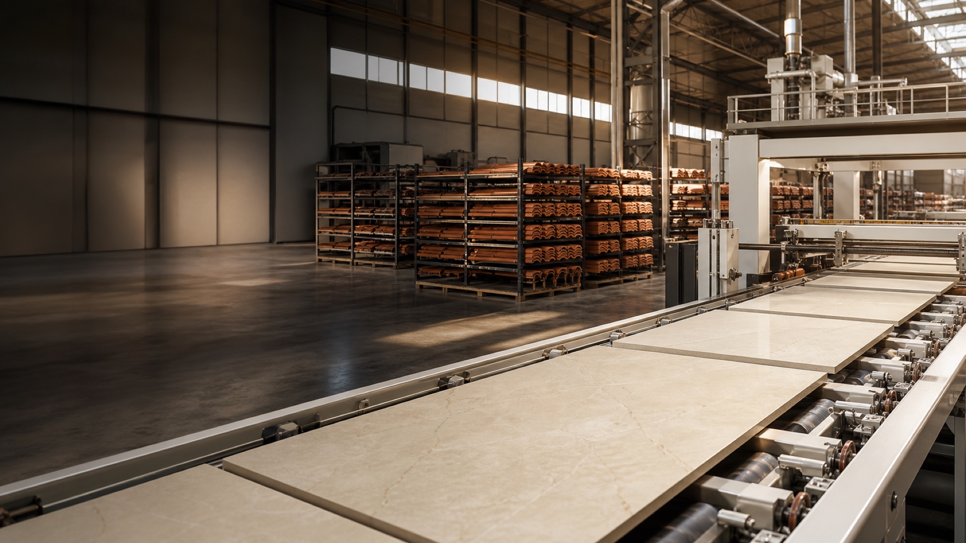 Ceramic tiles moving through a modern production line