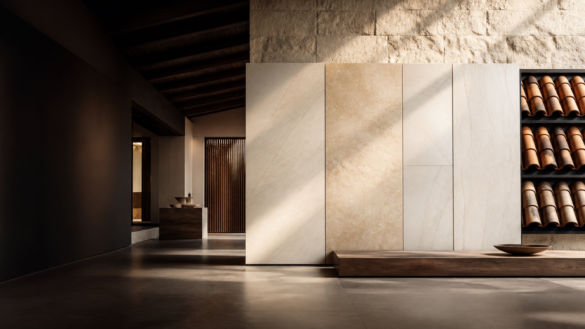 Large porcelain tile surfaces in a showroom