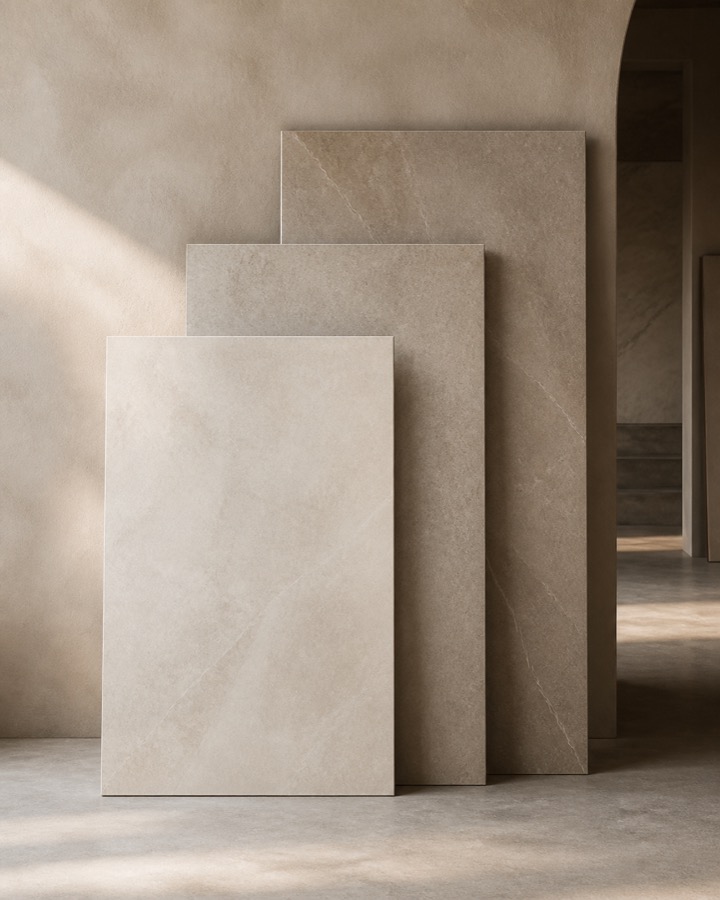 Large-format porcelain tiles in a showroom