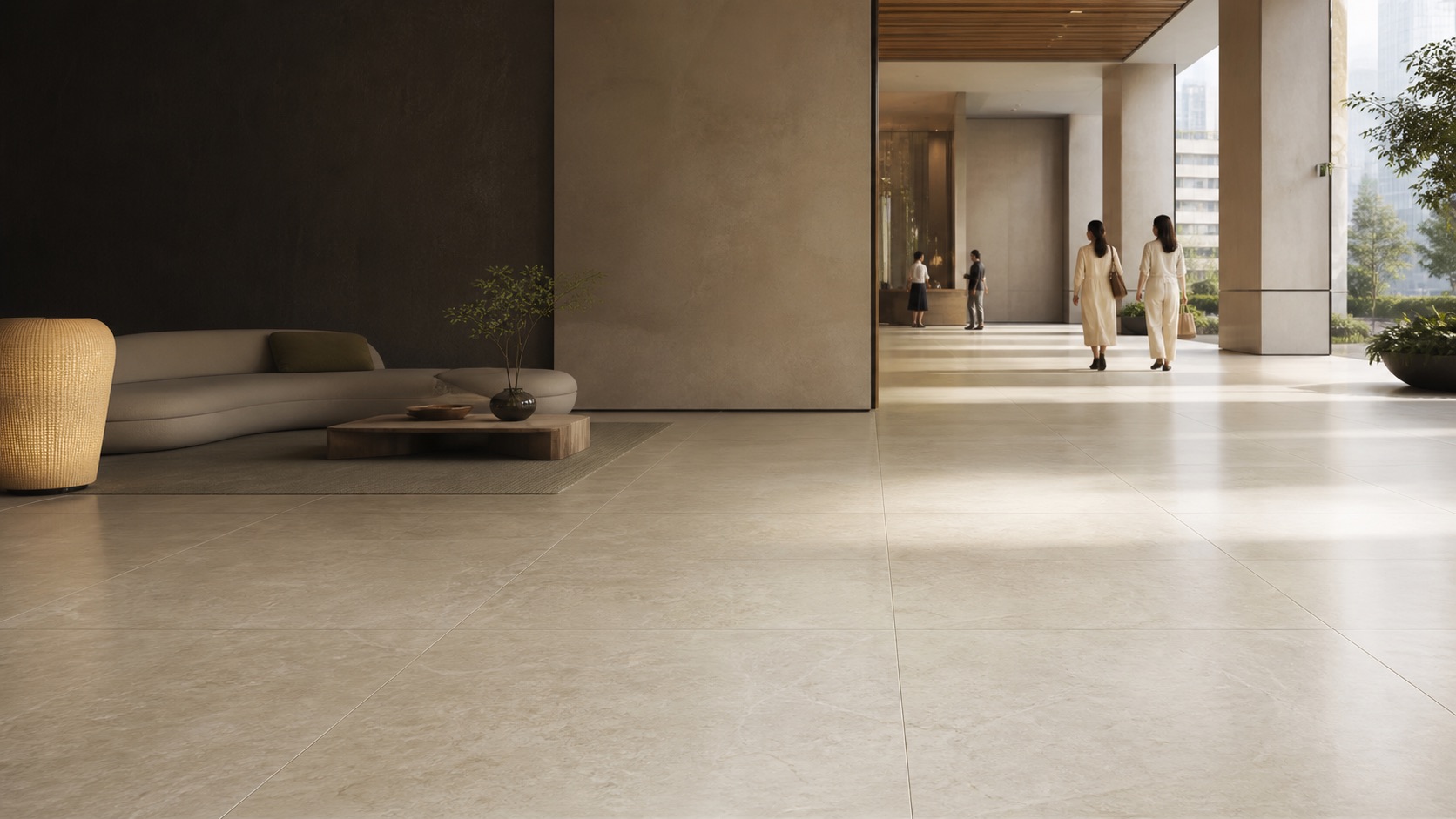 Porcelain floor tiles in hotel lobby