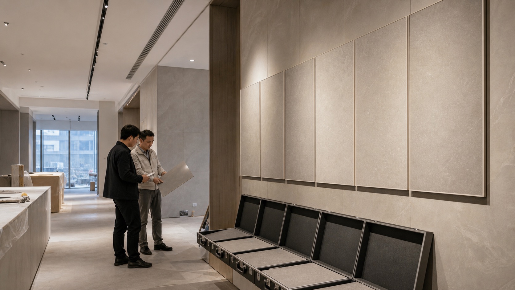 Team reviewing porcelain tile samples