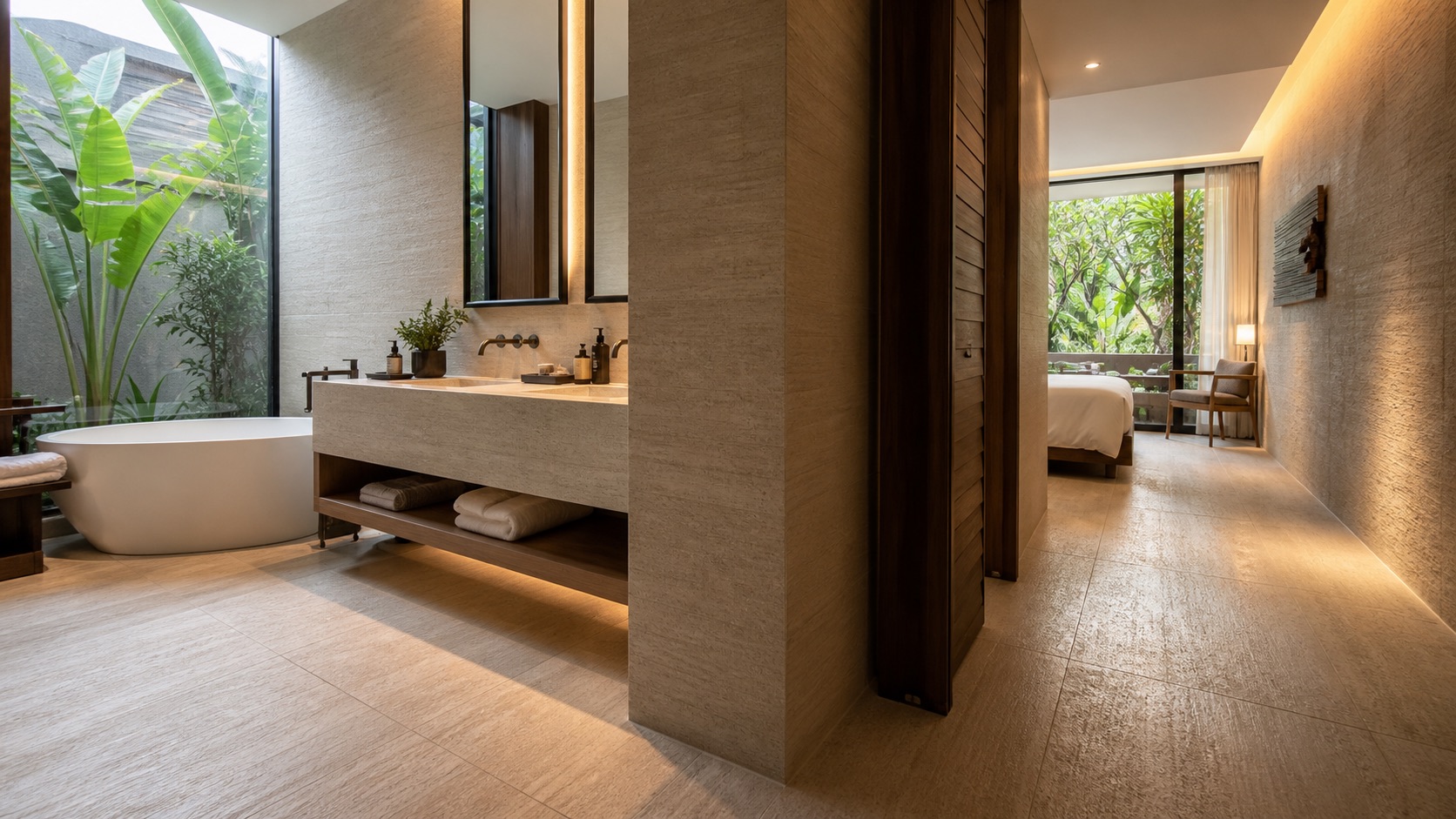 Coordinated wall and floor tiles in hospitality interior