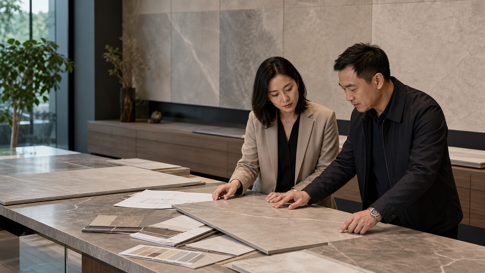 Design team selecting coordinated tile surfaces