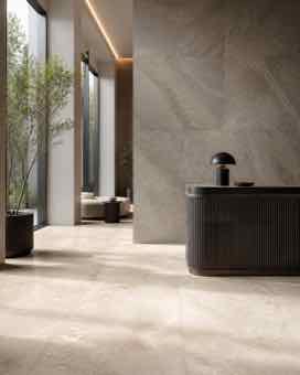 Coordinated wall and floor tile surfaces in a contemporary interior